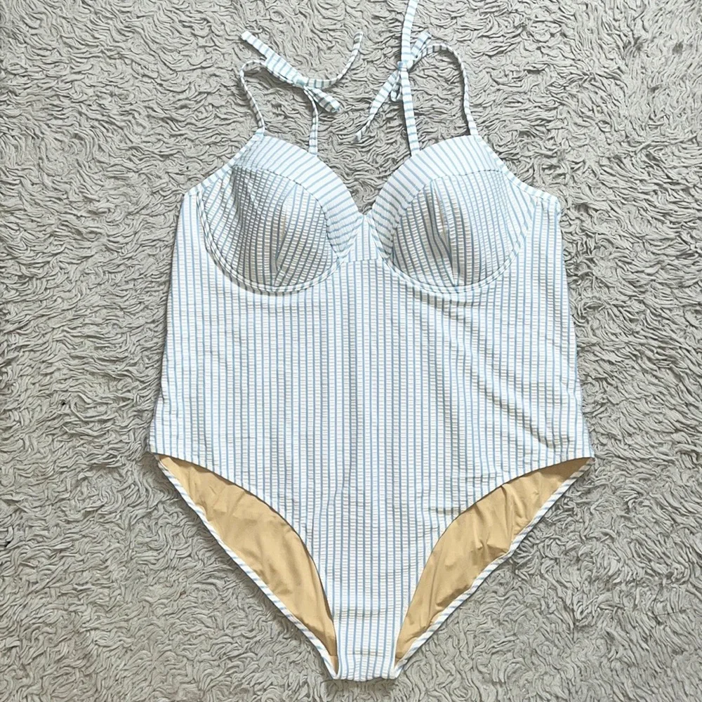 Old Navy Swimsuit Tie-Shoulder Striped Seersucker Underwire One Piece 4X New